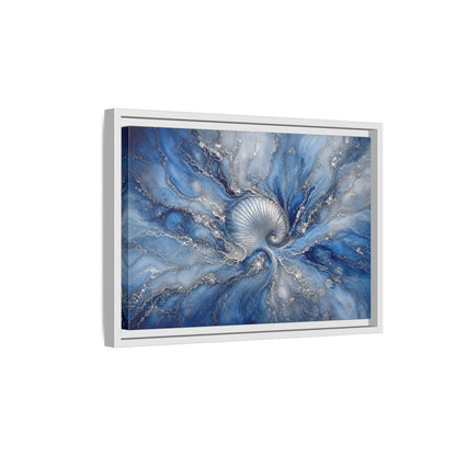 Side Mockup 4. Nature Spiral Shell Blue And Silver shown as stretched canvas wall art