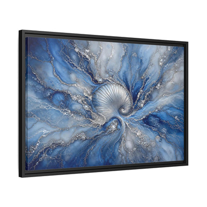 Side Mockup 14. Nature Spiral Shell Blue And Silver shown as stretched canvas wall art