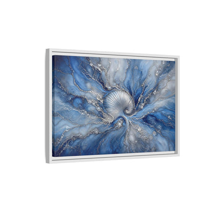 Side Mockup 1. Nature Spiral Shell Blue And Silver shown as stretched canvas wall art