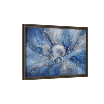 Side Mockup 2. Nature Spiral Shell Blue And Silver shown as stretched canvas wall art