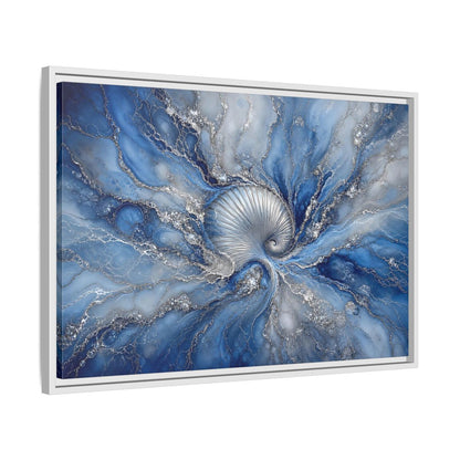 Side Mockup 10. Nature Spiral Shell Blue And Silver shown as stretched canvas wall art