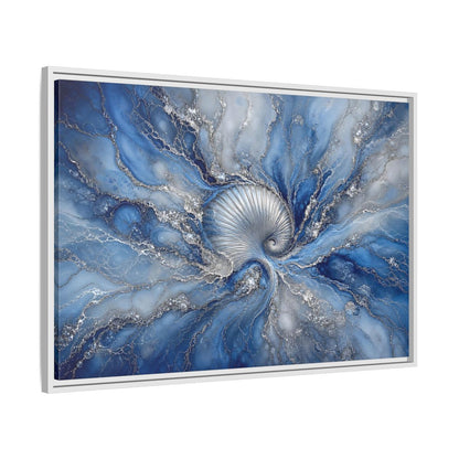 Side Mockup 9. Nature Spiral Shell Blue And Silver shown as stretched canvas wall art