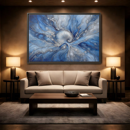 Mockup 2. Nature Spiral Shell Blue And Silver shown as stretched canvas wall art