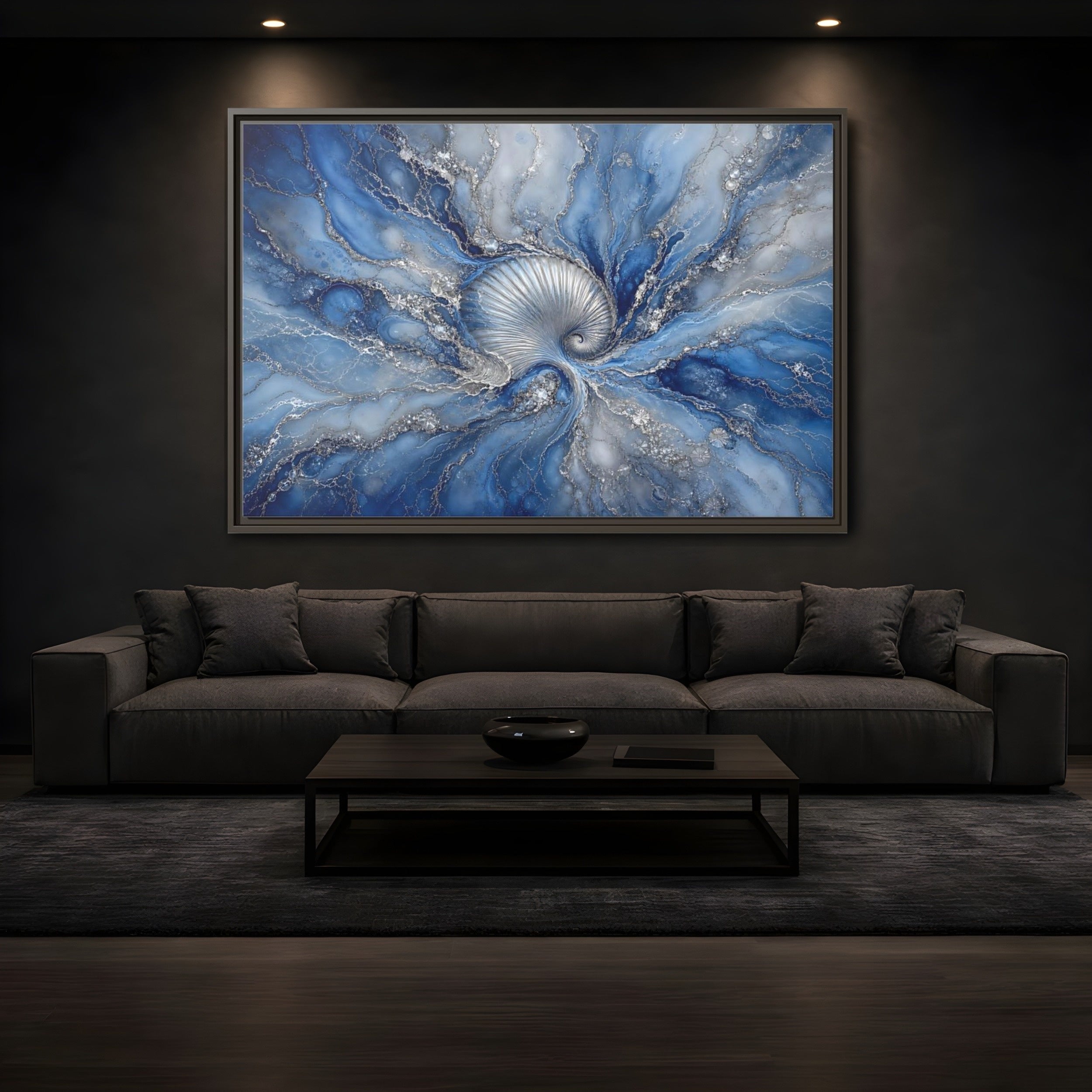 Mockup 3. Nature Spiral Shell Blue And Silver shown as stretched canvas wall art