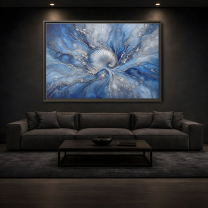 Mockup 3. Nature Spiral Shell Blue And Silver shown as stretched canvas wall art