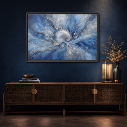 Mockup 4. Nature Spiral Shell Blue And Silver shown as stretched canvas wall art