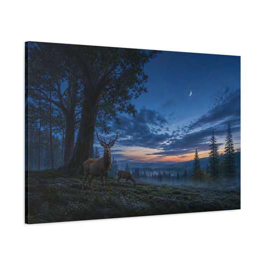 Main Mockup. Nature Stag Forest Deer Sunset shown as stretched canvas wall art