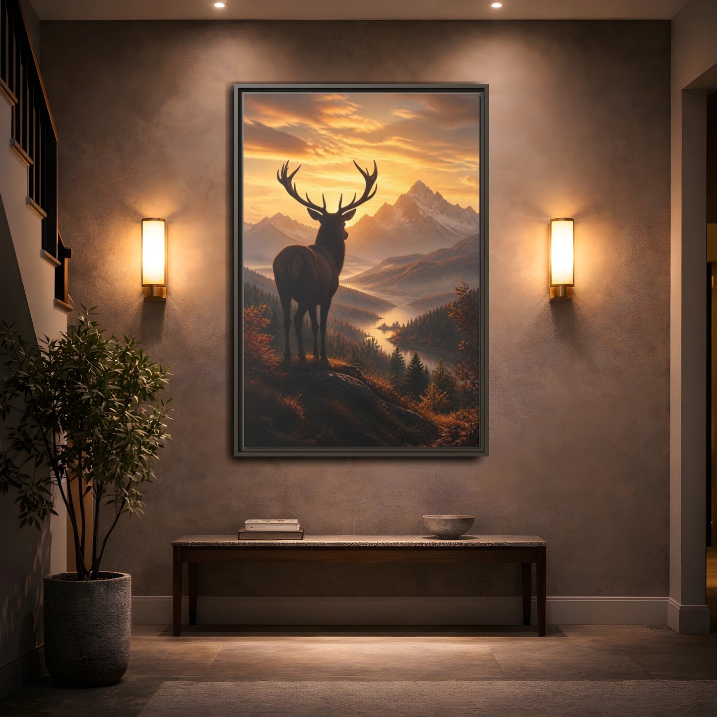 Mockup 2. Nature Stag Golden Sunset Deer shown as stretched canvas wall art