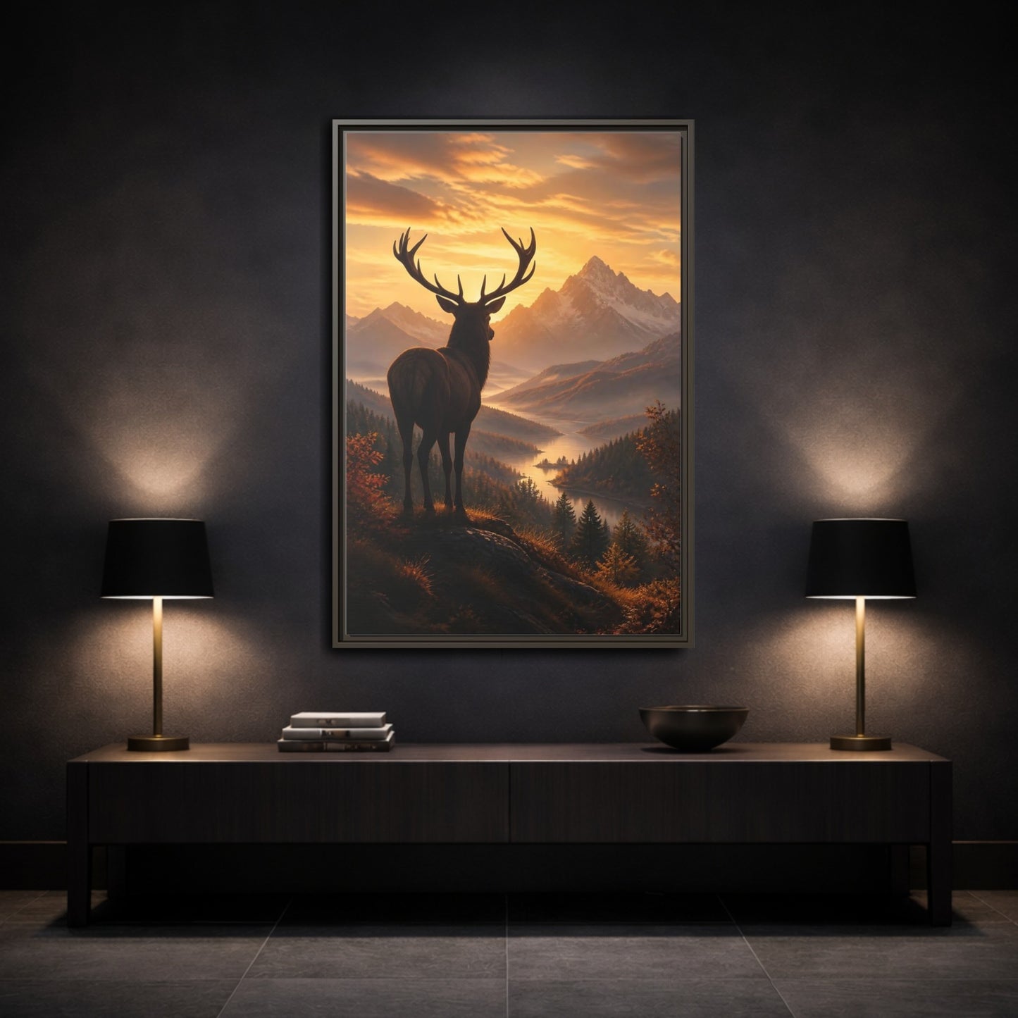 Mockup 3. Nature Stag Golden Sunset Deer shown as stretched canvas wall art