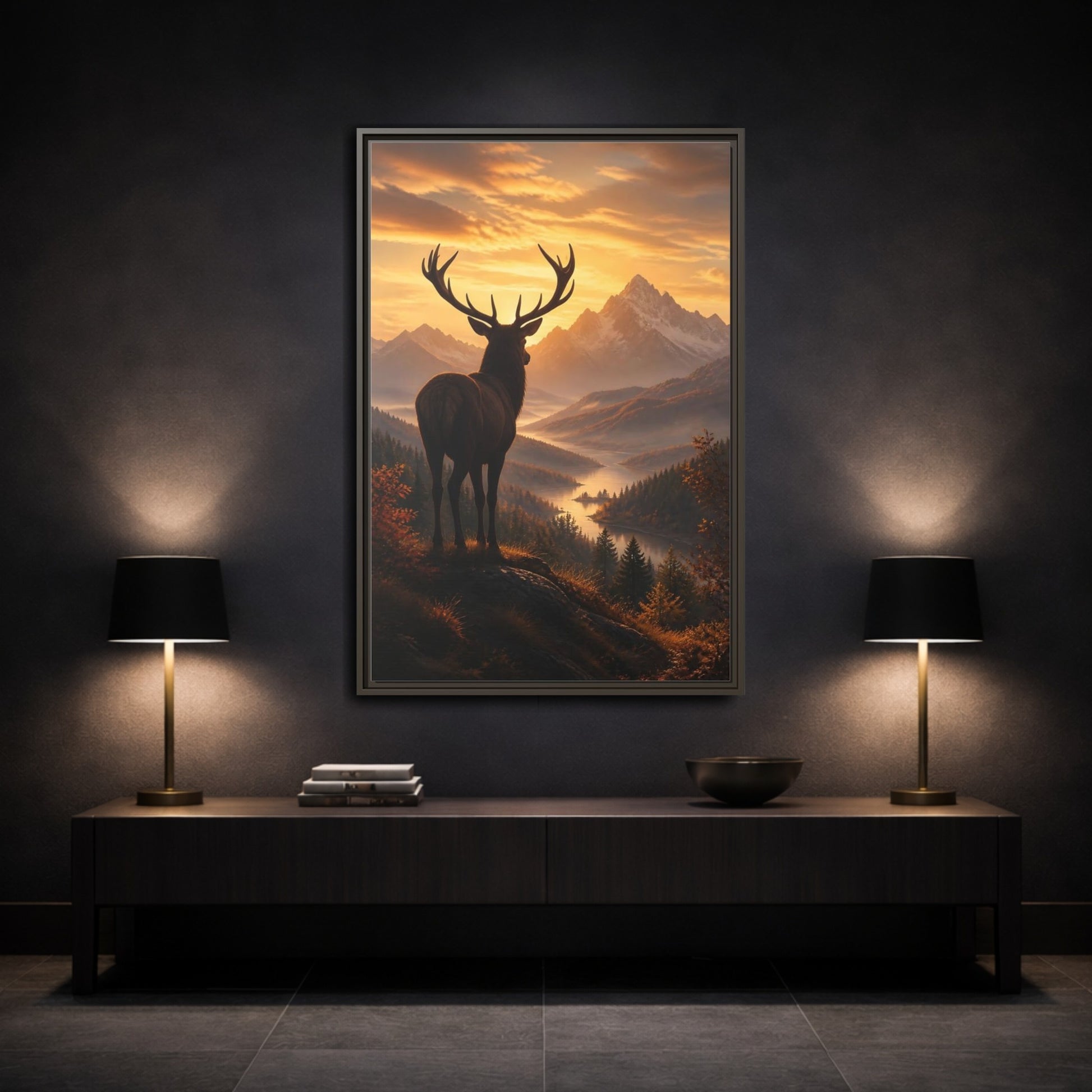 Mockup 3. Nature Stag Golden Sunset Deer shown as stretched canvas wall art