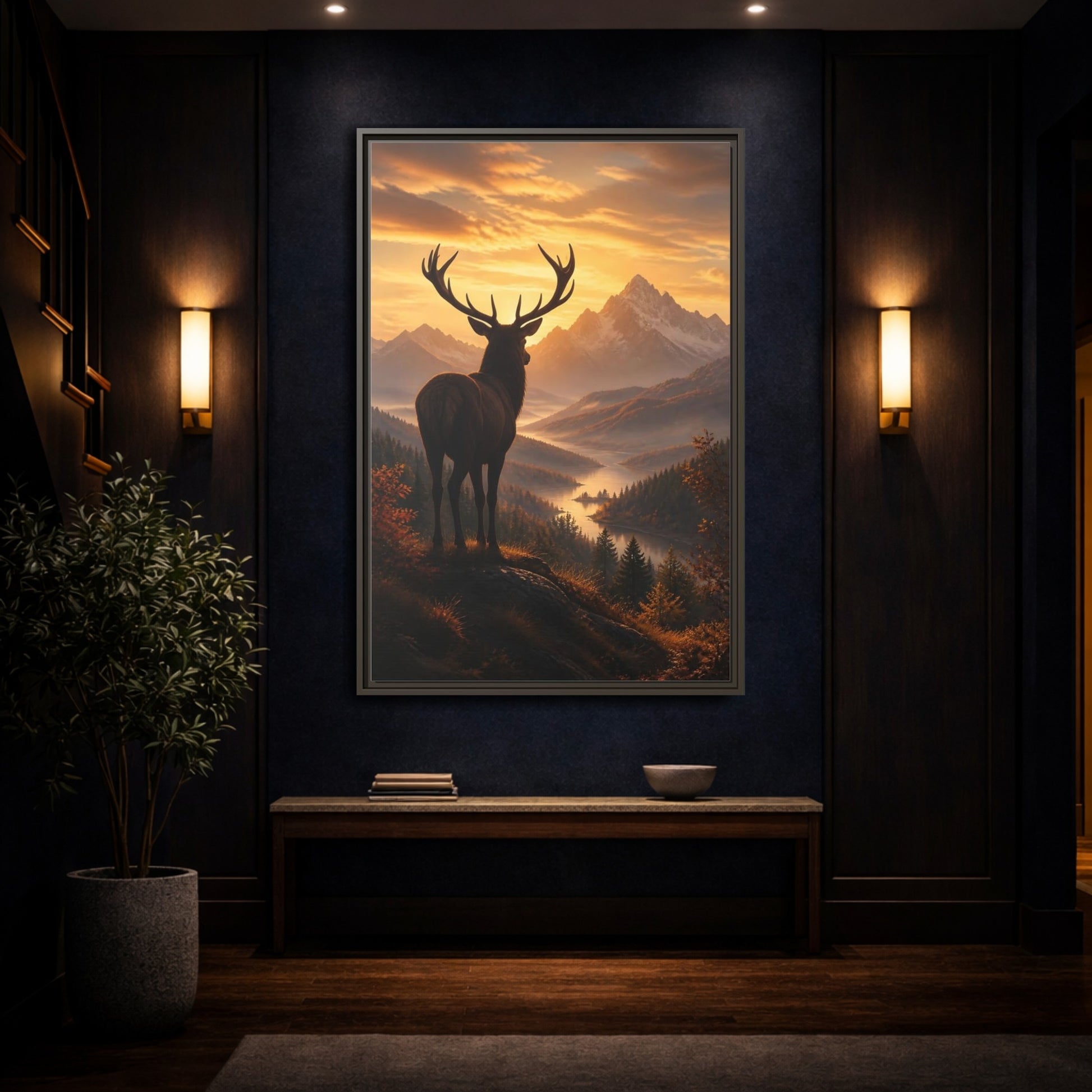Mockup 4. Nature Stag Golden Sunset Deer shown as stretched canvas wall art