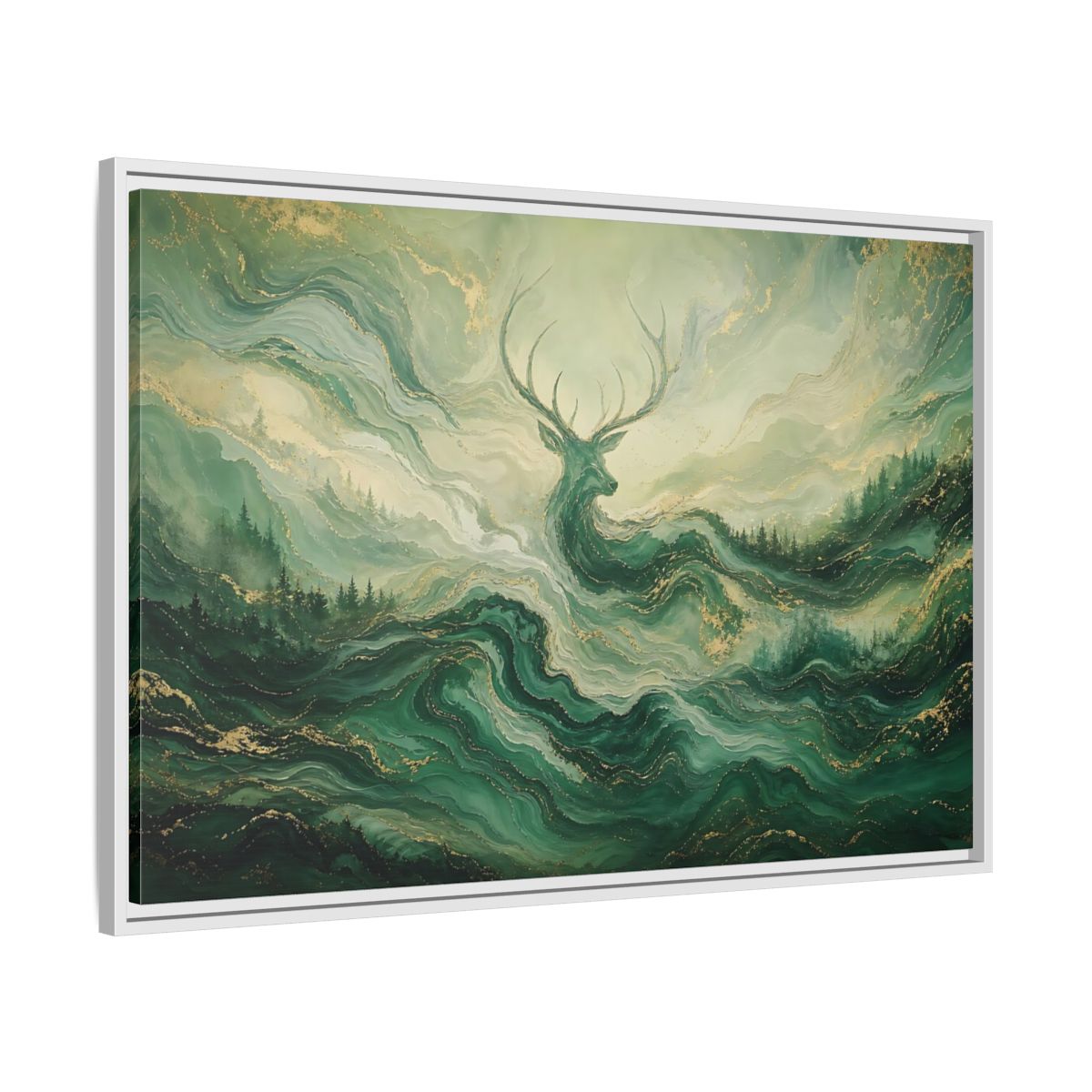 Side Mockup 9. Nature Stag Green Gold Stag shown as stretched canvas wall art