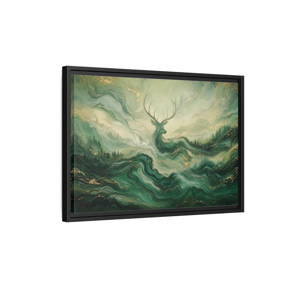 Side Mockup 3. Nature Stag Green Gold Stag shown as stretched canvas wall art