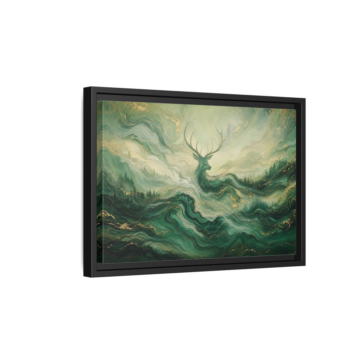 Side Mockup 6. Nature Stag Green Gold Stag shown as stretched canvas wall art