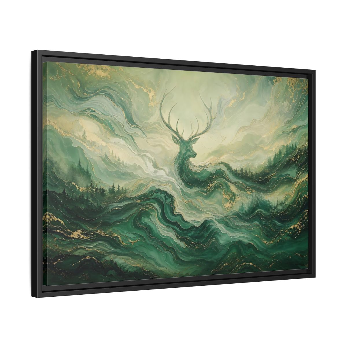 Side Mockup 14. Nature Stag Green Gold Stag shown as stretched canvas wall art