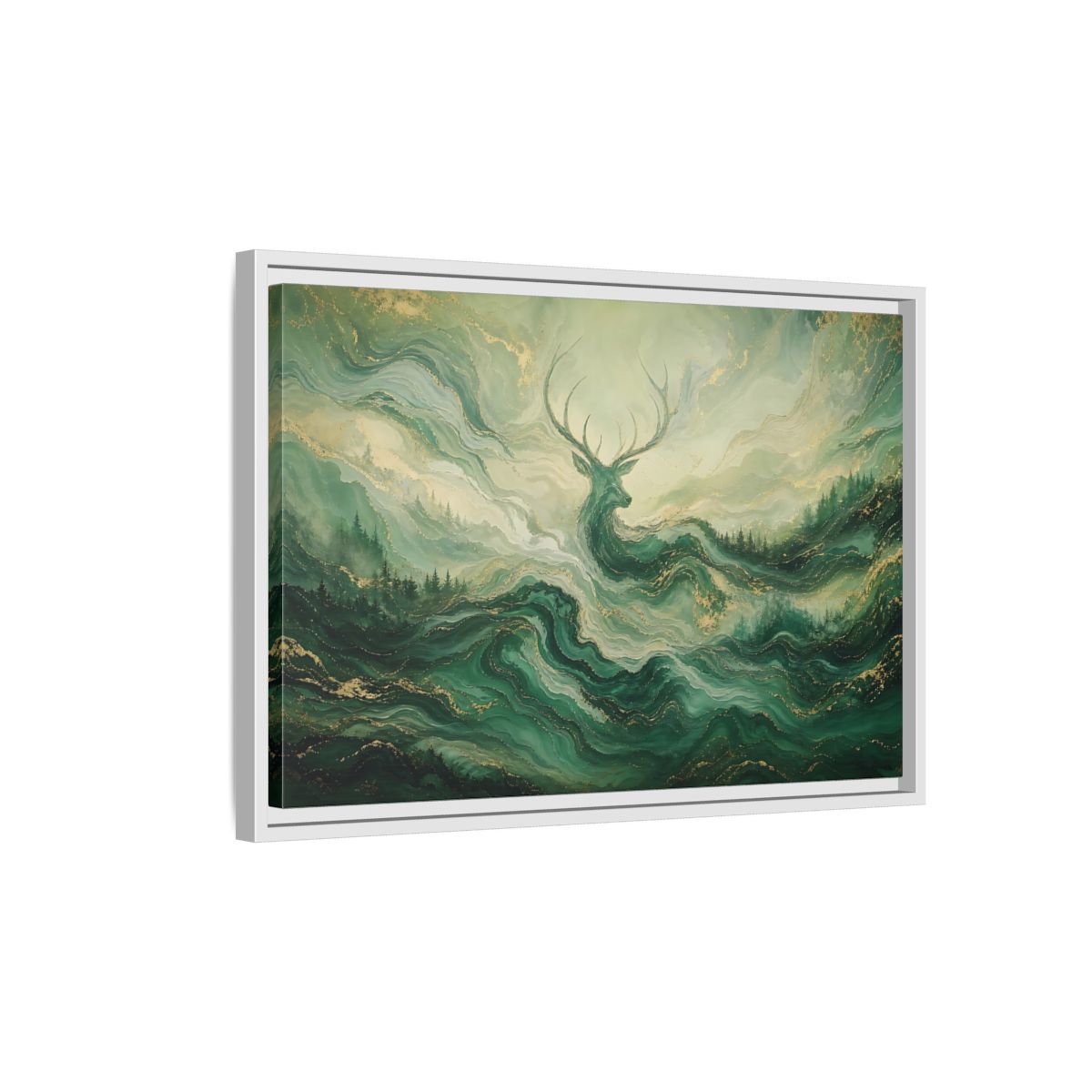 Side Mockup 1. Nature Stag Green Gold Stag shown as stretched canvas wall art
