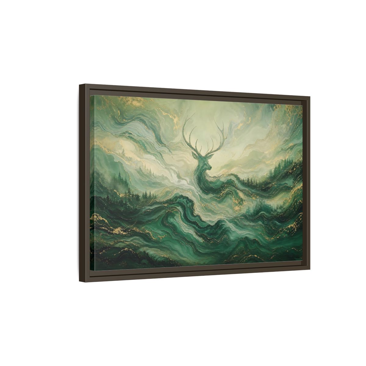 Side Mockup 2. Nature Stag Green Gold Stag shown as stretched canvas wall art