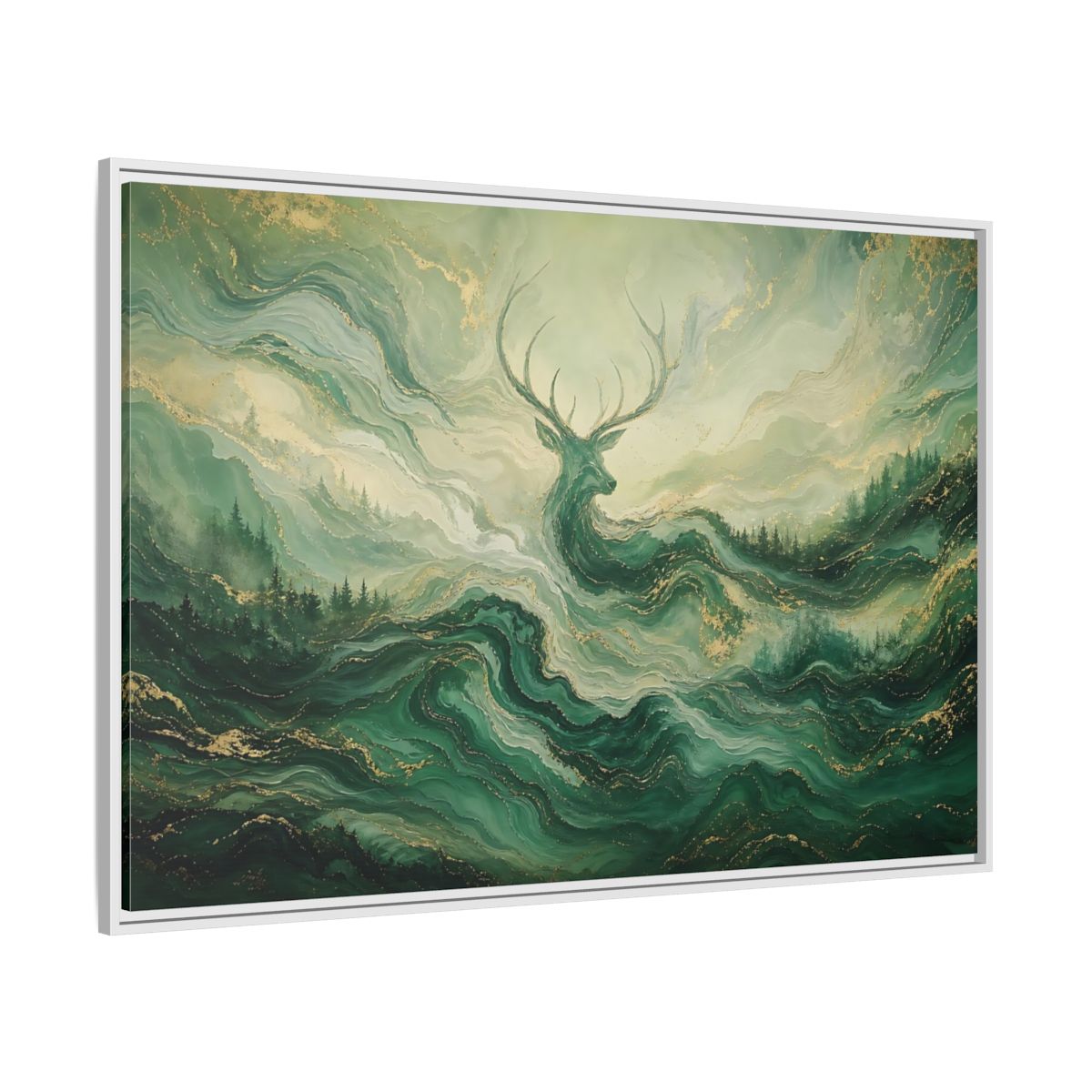 Side Mockup 7. Nature Stag Green Gold Stag shown as stretched canvas wall art