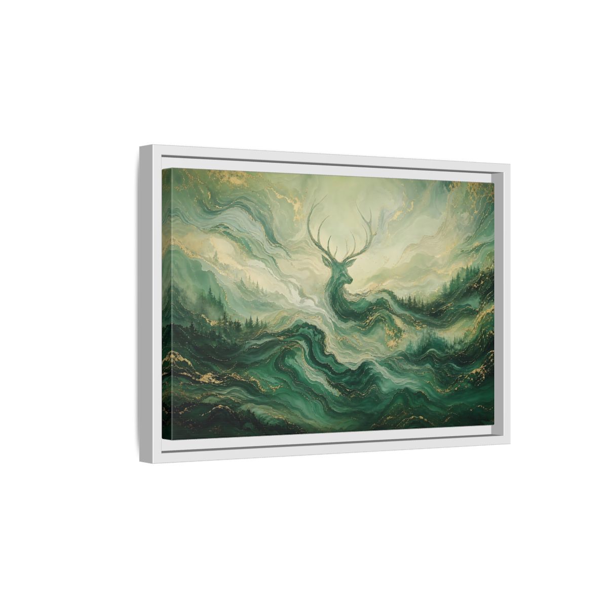 Side Mockup 4. Nature Stag Green Gold Stag shown as stretched canvas wall art