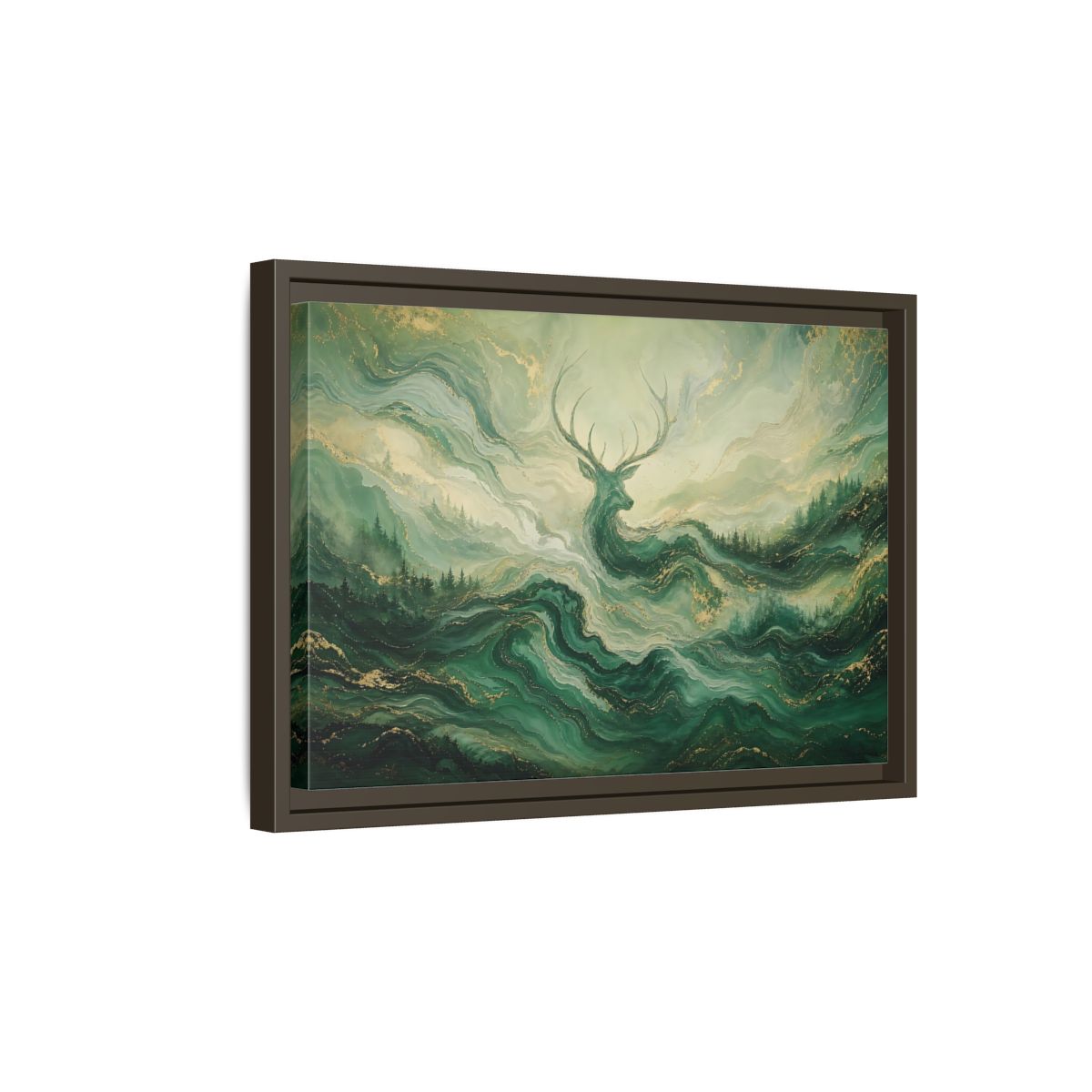 Side Mockup 5. Nature Stag Green Gold Stag shown as stretched canvas wall art