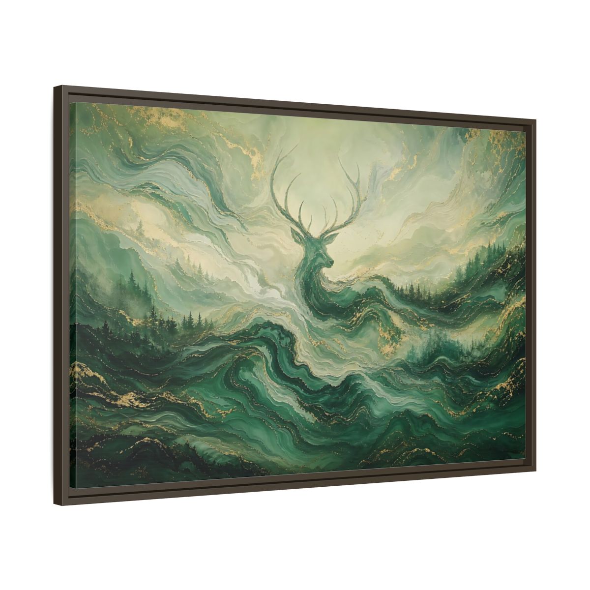 Main Mockup. Nature Stag Green Gold Stag shown as stretched canvas wall art