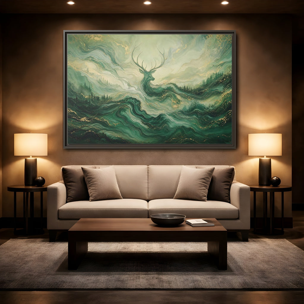 Mockup 2. Nature Stag Green Gold Stag shown as stretched canvas wall art