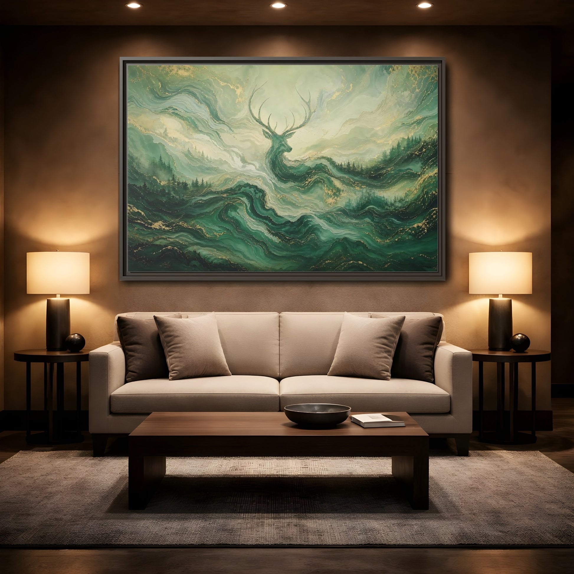 Mockup 2. Nature Stag Green Gold Stag shown as stretched canvas wall art