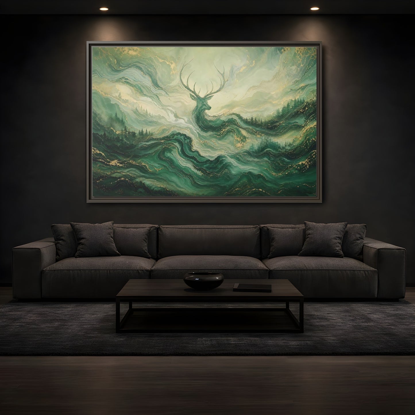 Mockup 3. Nature Stag Green Gold Stag shown as stretched canvas wall art
