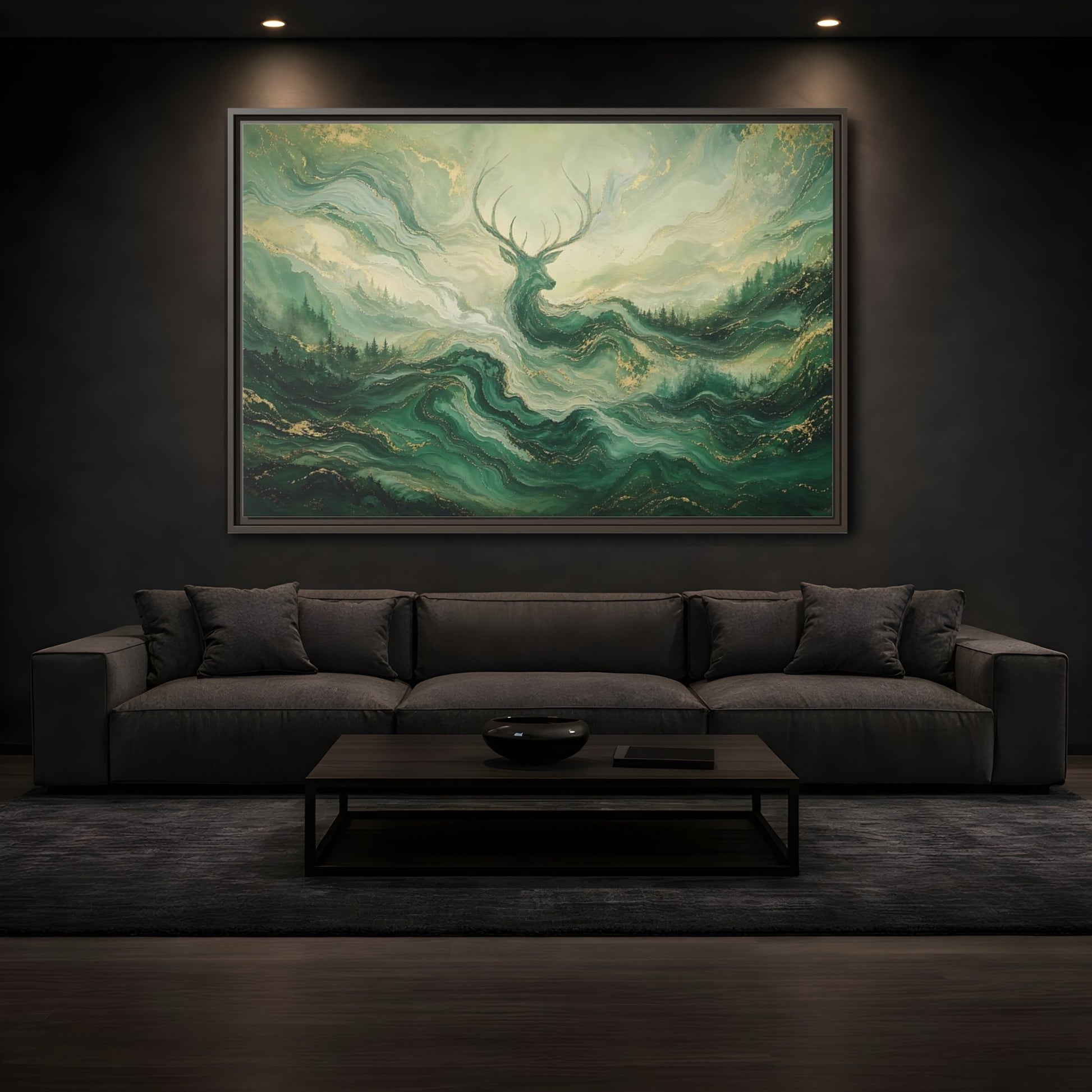 Mockup 3. Nature Stag Green Gold Stag shown as stretched canvas wall art