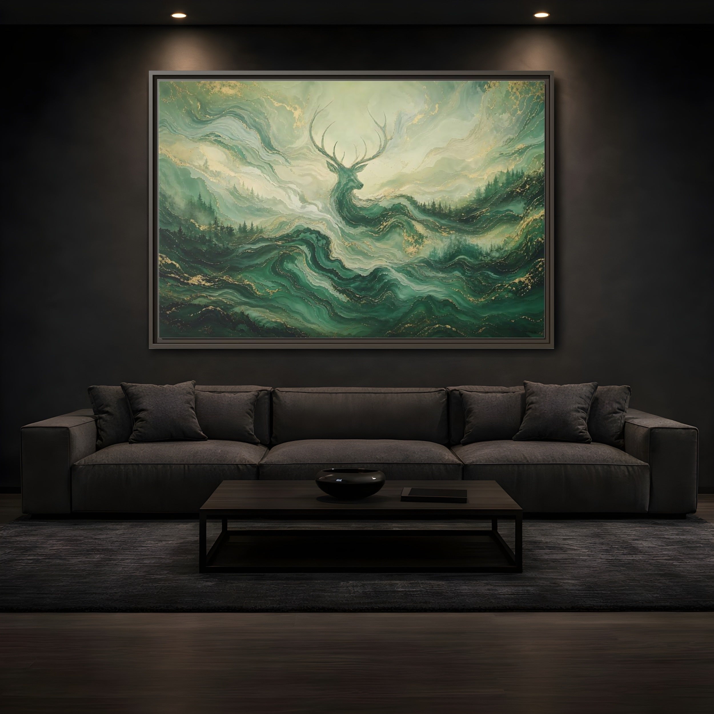 Mockup 3. Nature Stag Green Gold Stag shown as stretched canvas wall art