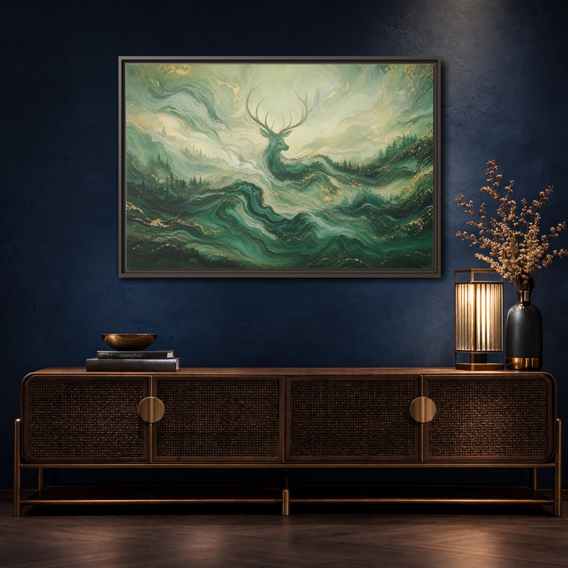 Mockup 4. Nature Stag Green Gold Stag shown as stretched canvas wall art