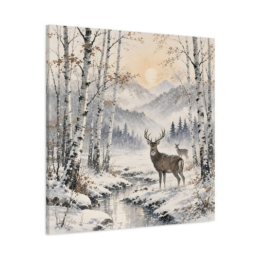 Main Mockup. Nature Stag Winter Woodland Deer shown as stretched canvas wall art