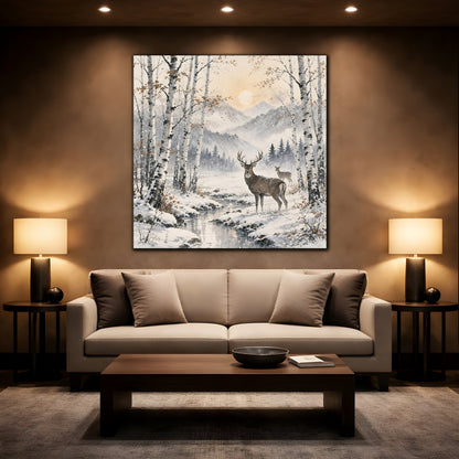 Mockup 2. Nature Stag Winter Woodland Deer shown as stretched canvas wall art
