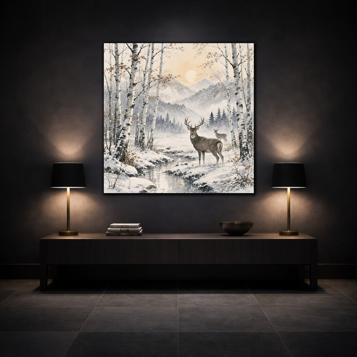Mockup 3. Nature Stag Winter Woodland Deer shown as stretched canvas wall art