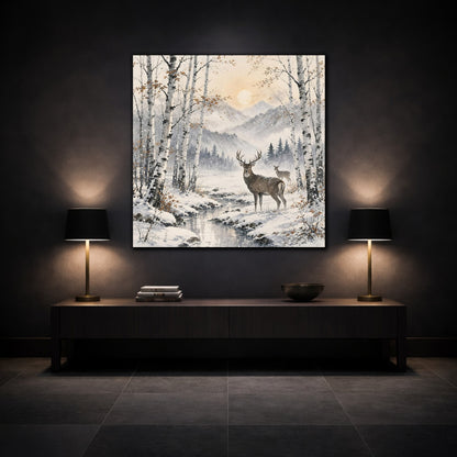 Mockup 3. Nature Stag Winter Woodland Deer shown as stretched canvas wall art