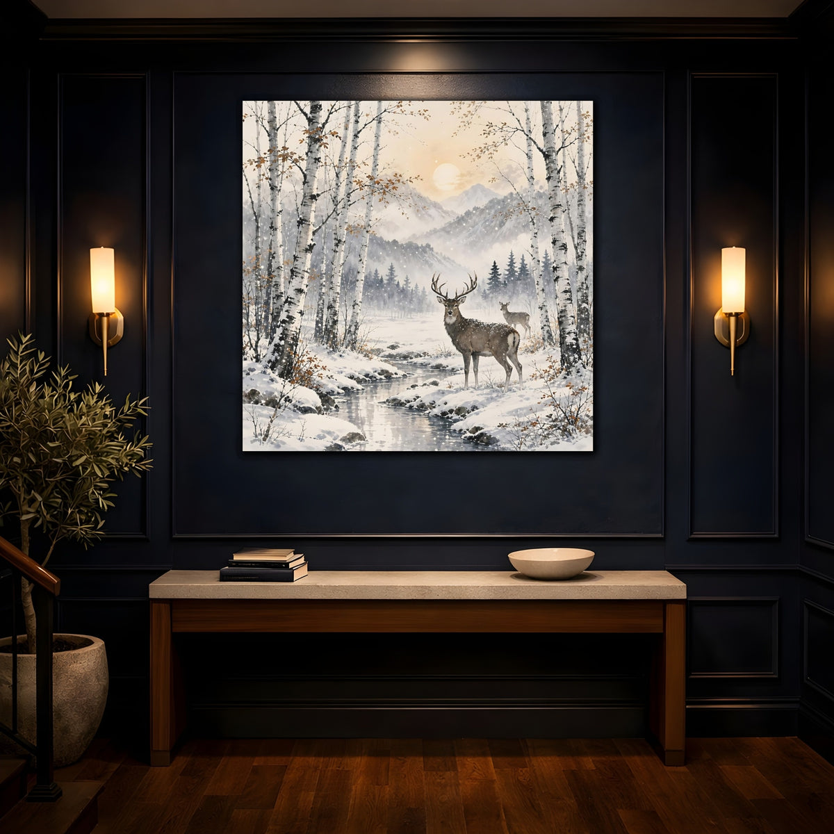 Mockup 4. Nature Stag Winter Woodland Deer shown as stretched canvas wall art