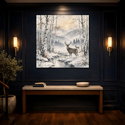 Mockup 4. Nature Stag Winter Woodland Deer shown as stretched canvas wall art