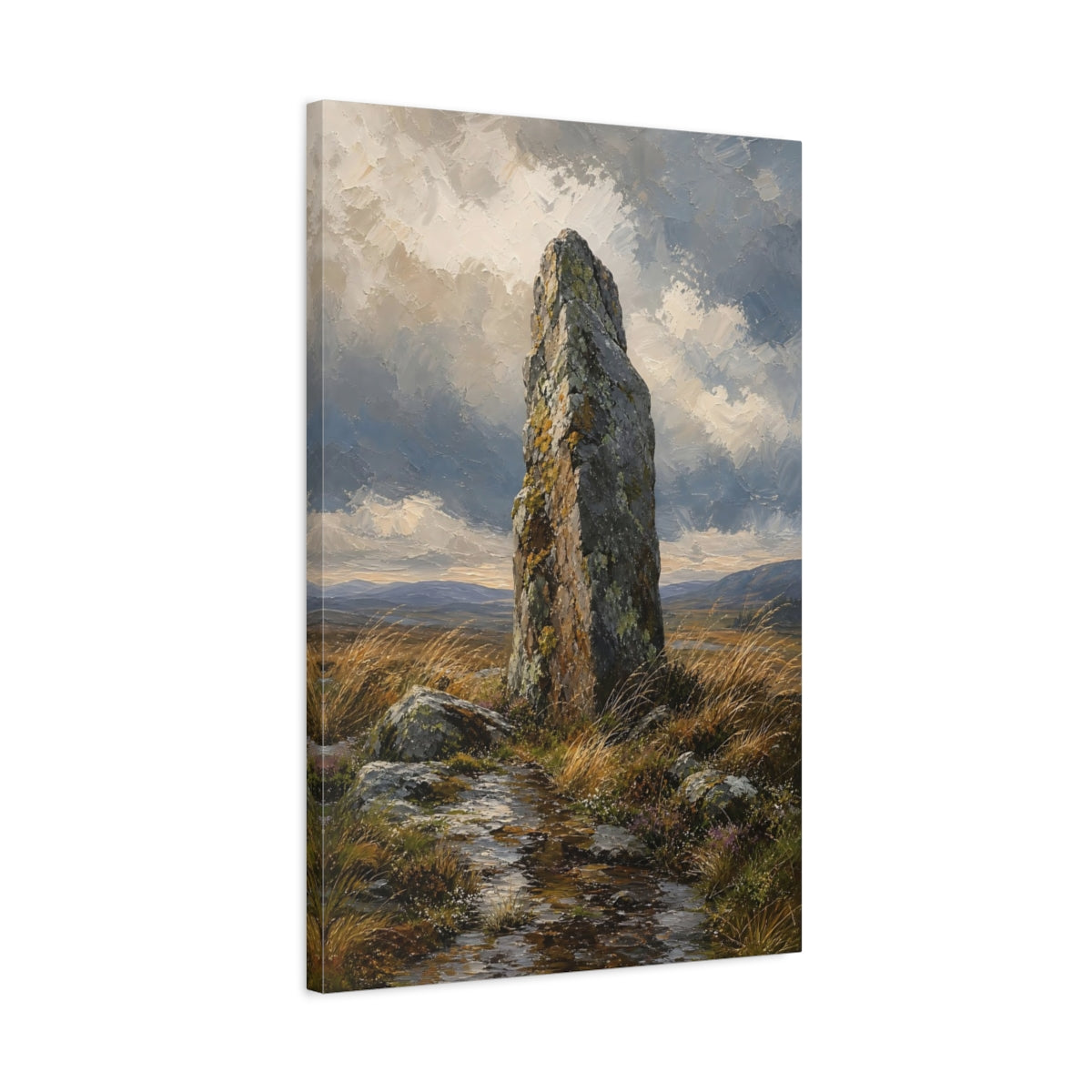 Side Mockup 2. Nature Standing Stone Brown And Grey shown as stretched canvas wall art