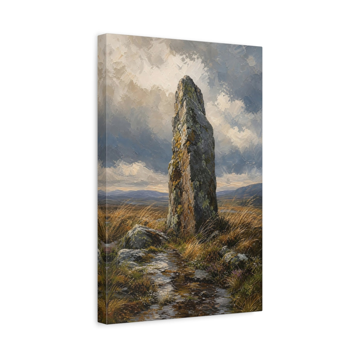 Side Mockup 4. Nature Standing Stone Brown And Grey shown as stretched canvas wall art