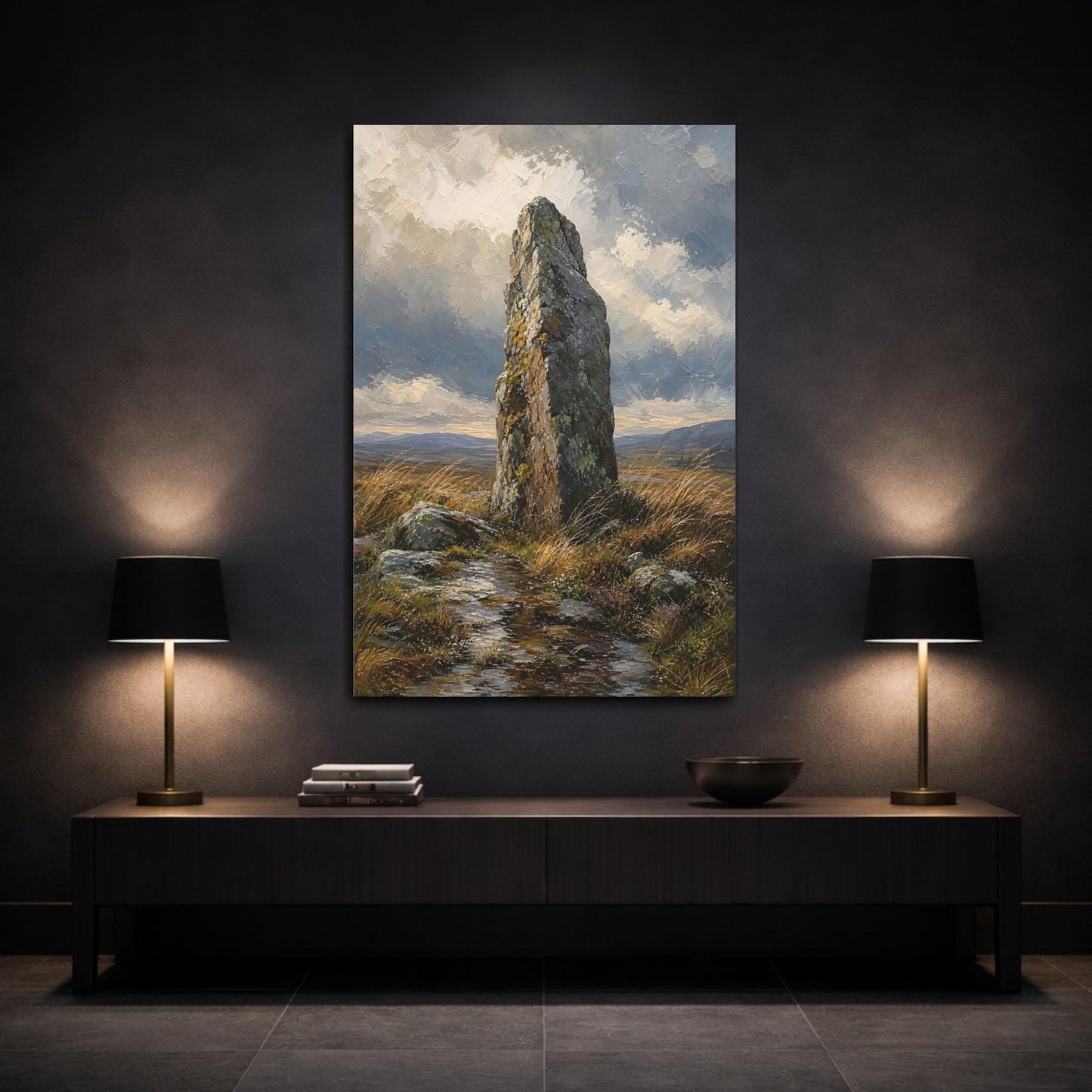 Mockup 3. Nature Standing Stone Brown And Grey shown as stretched canvas wall art