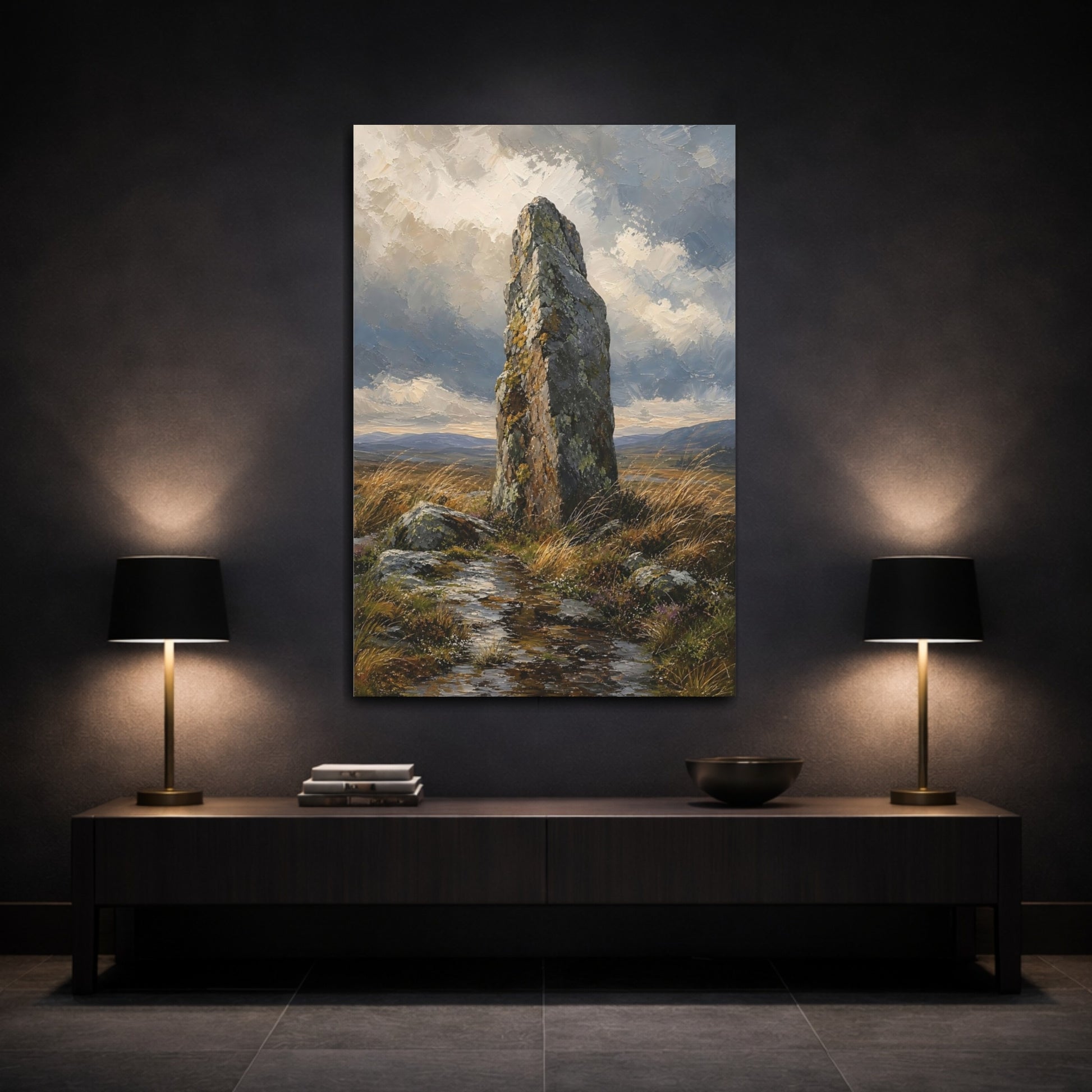 Mockup 3. Nature Standing Stone Brown And Grey shown as stretched canvas wall art