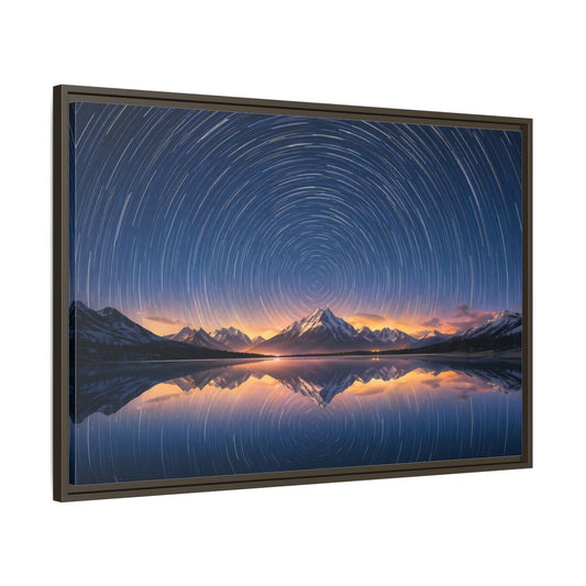 Main Mockup. Nature Star Trails Starry Mountain Night shown as stretched canvas wall art