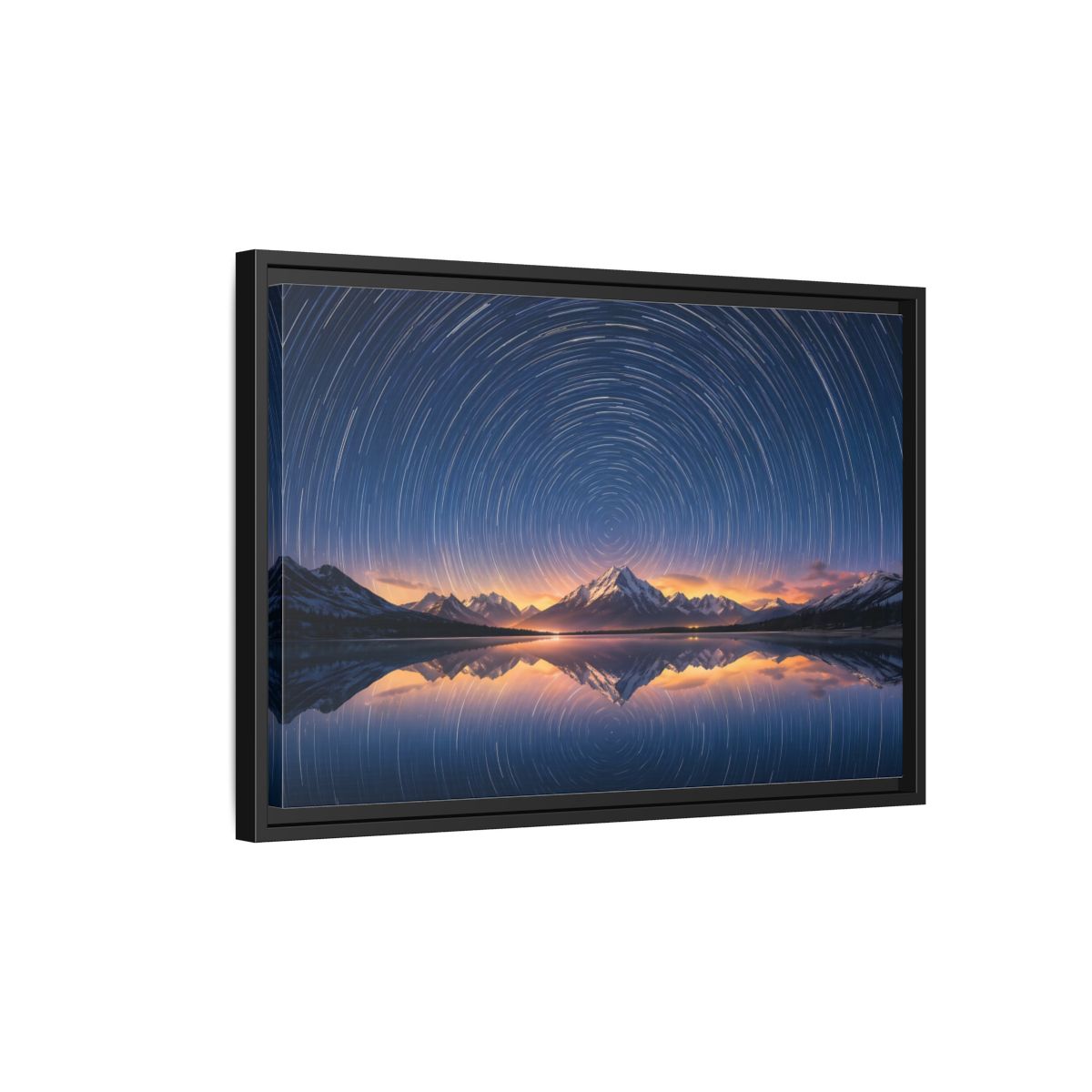Side Mockup 3. Nature Star Trails Starry Mountain Night shown as stretched canvas wall art
