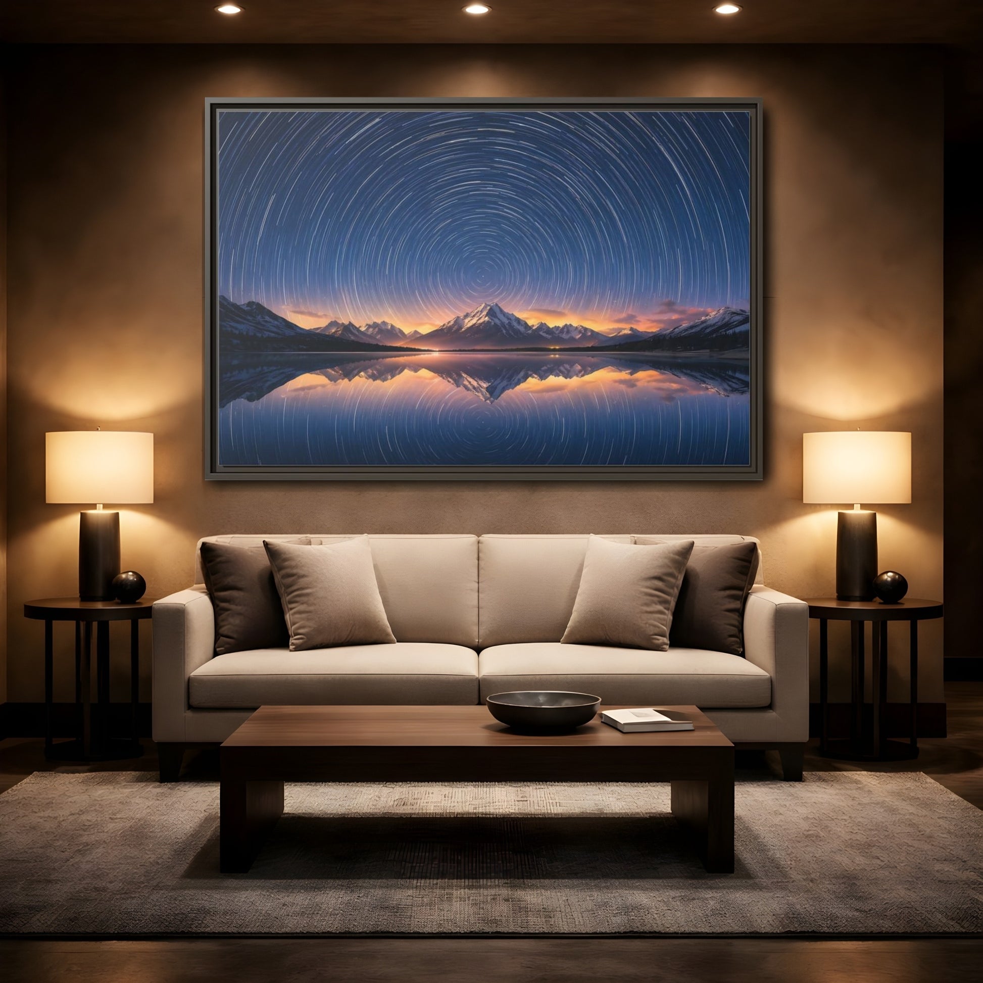 Mockup 2. Nature Star Trails Starry Mountain Night shown as stretched canvas wall art
