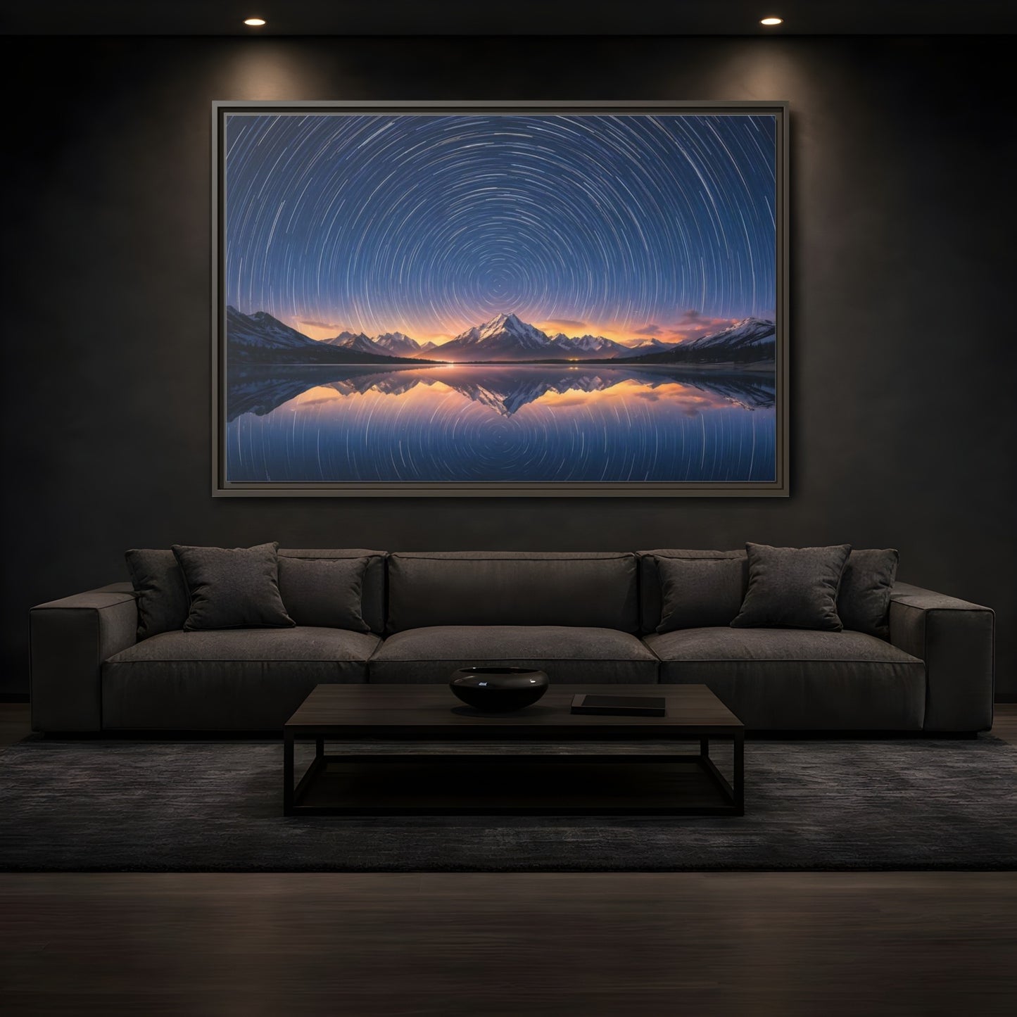 Mockup 3. Nature Star Trails Starry Mountain Night shown as stretched canvas wall art