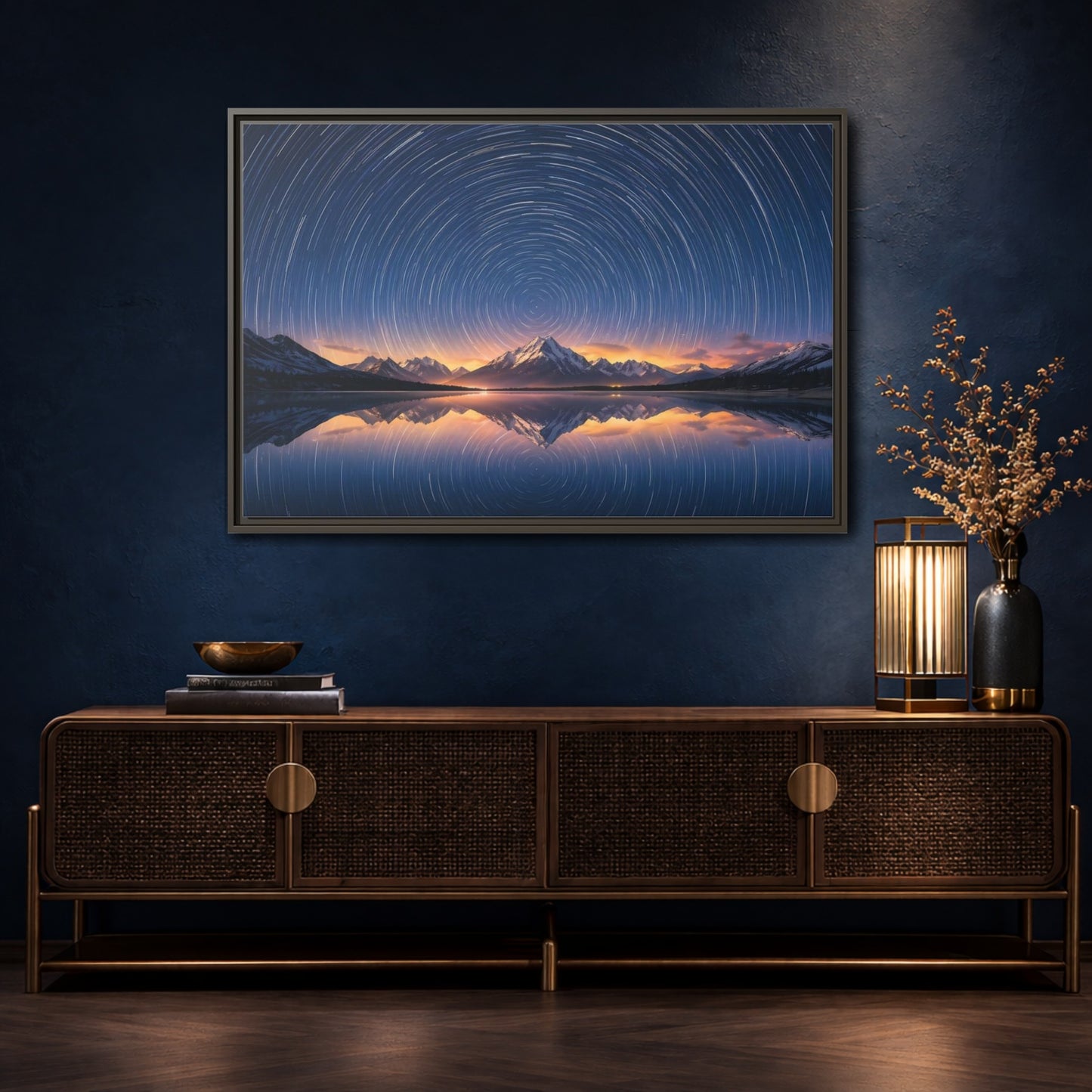 Mockup 4. Nature Star Trails Starry Mountain Night shown as stretched canvas wall art