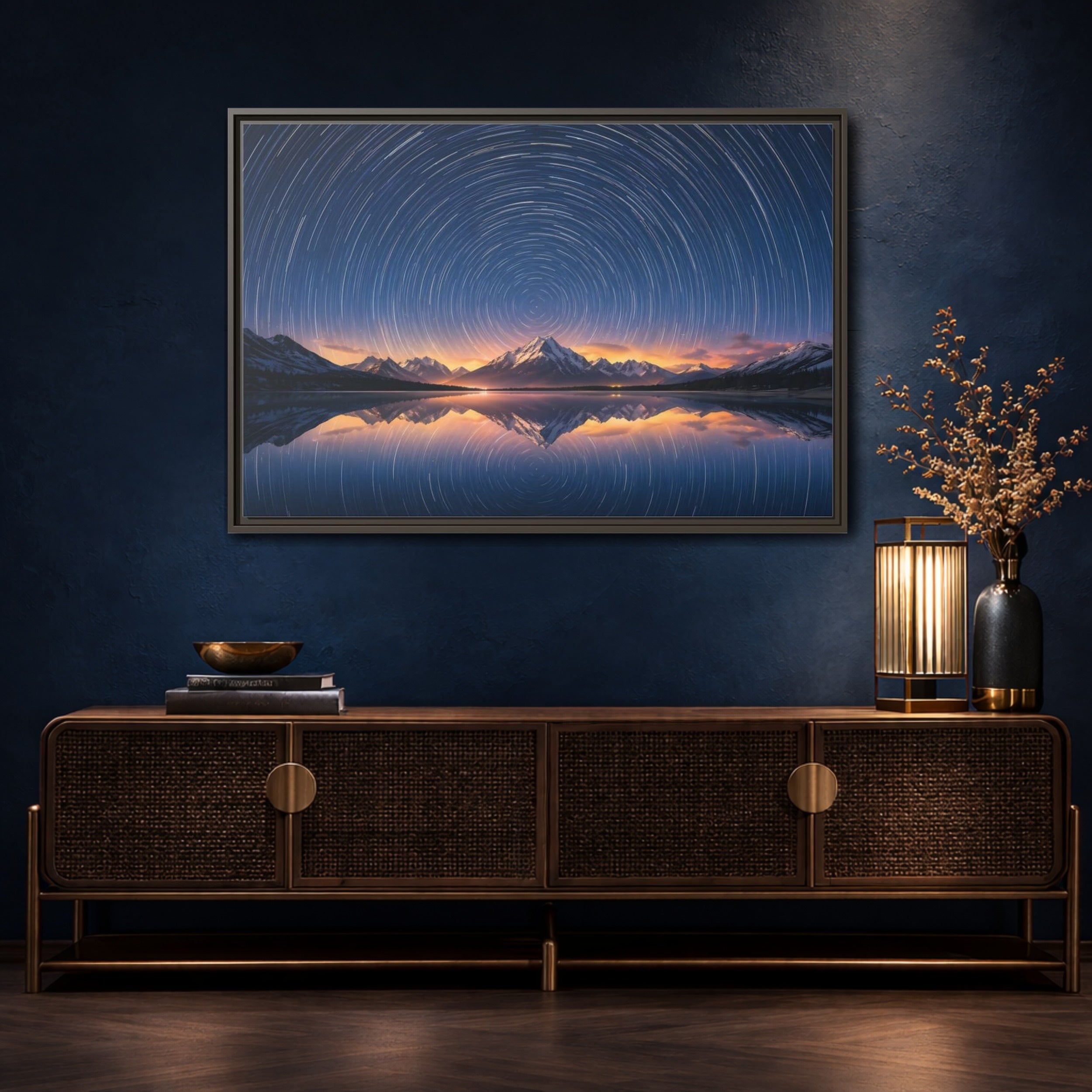 Mockup 4. Nature Star Trails Starry Mountain Night shown as stretched canvas wall art