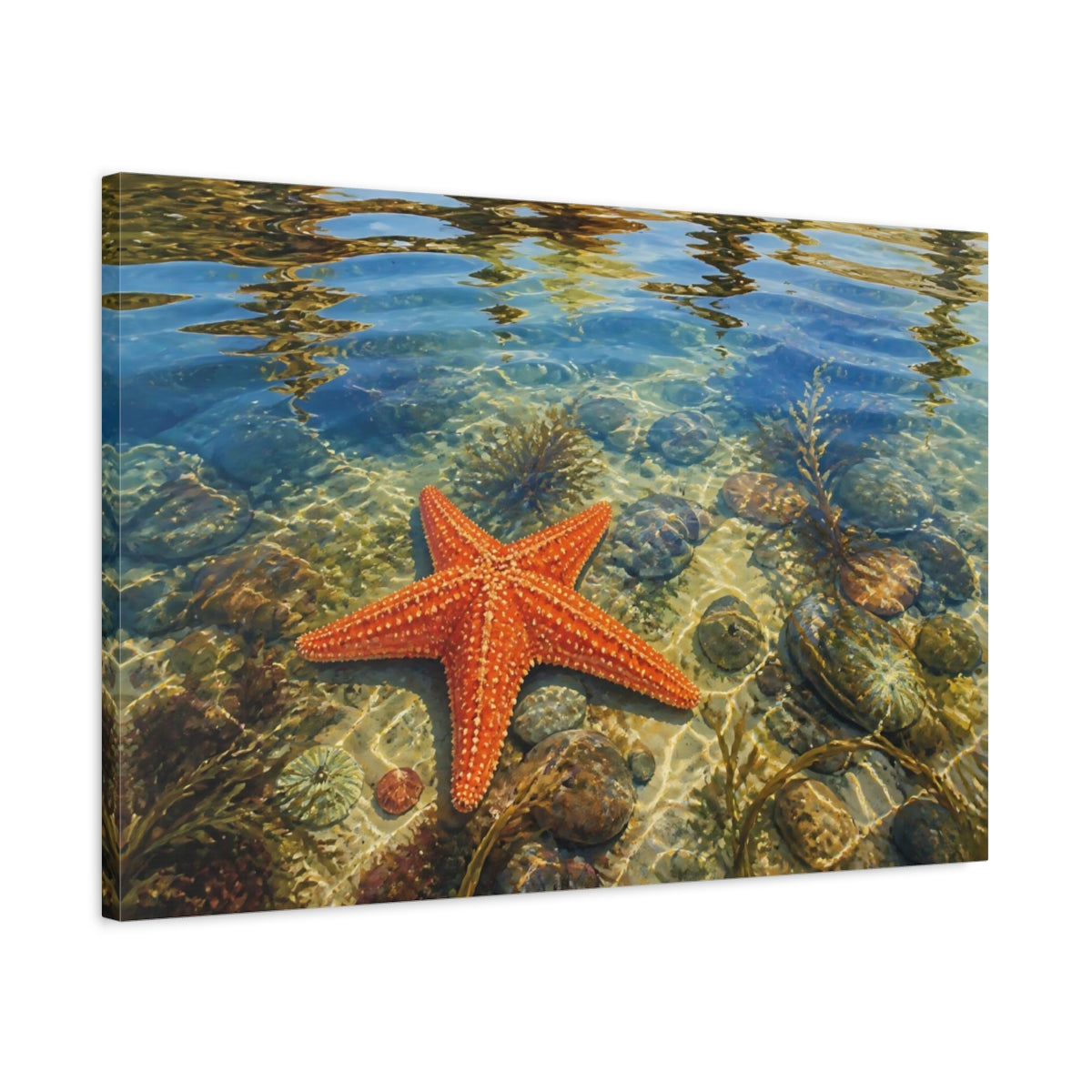Side Mockup 2. Nature Starfish Orange Starfish shown as stretched canvas wall art