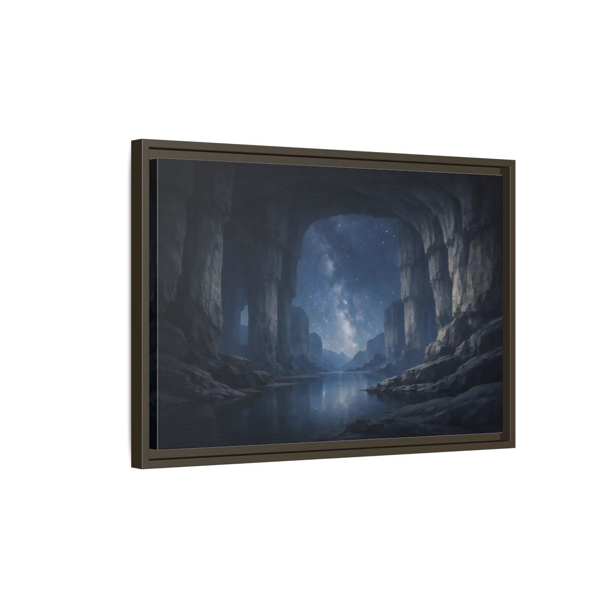 Side Mockup 2. Nature Starry Cave Blue And Gray shown as stretched canvas wall art