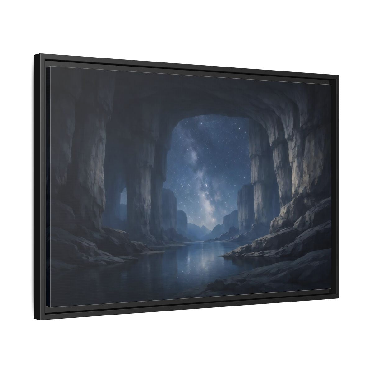 Side Mockup 14. Nature Starry Cave Blue And Gray shown as stretched canvas wall art